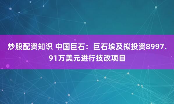 炒股配资知识 中国巨石：巨石埃及拟投资8997.91万美元进行技改项目